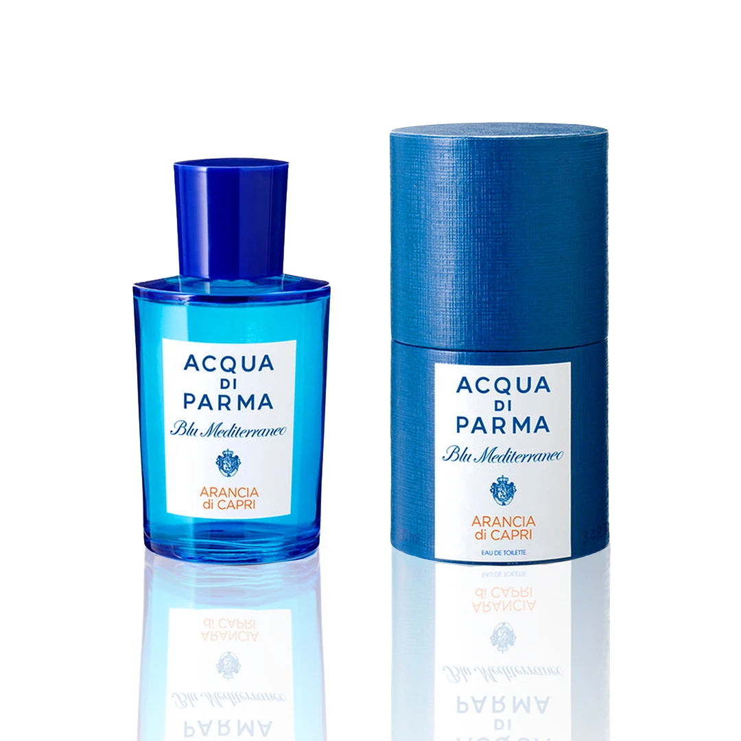 Acqua di Parma Arancia di Capri Eau de Toilette Flakon mit Verpackung auf weißem Hintergrund