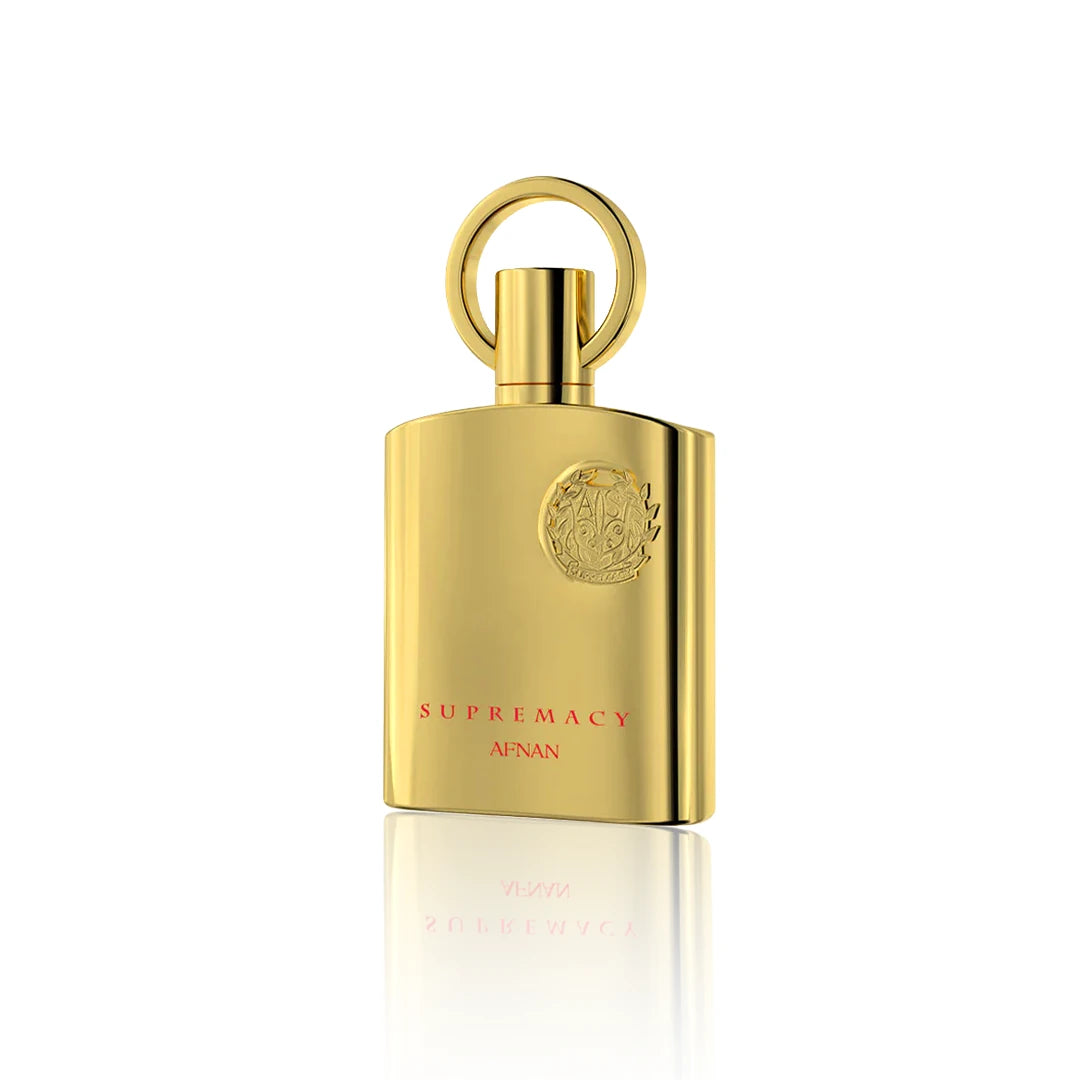 Afnan Supremacy Gold Eau de Parfum 100 ml Flakon Seitenansicht auf weißem Hintergrund