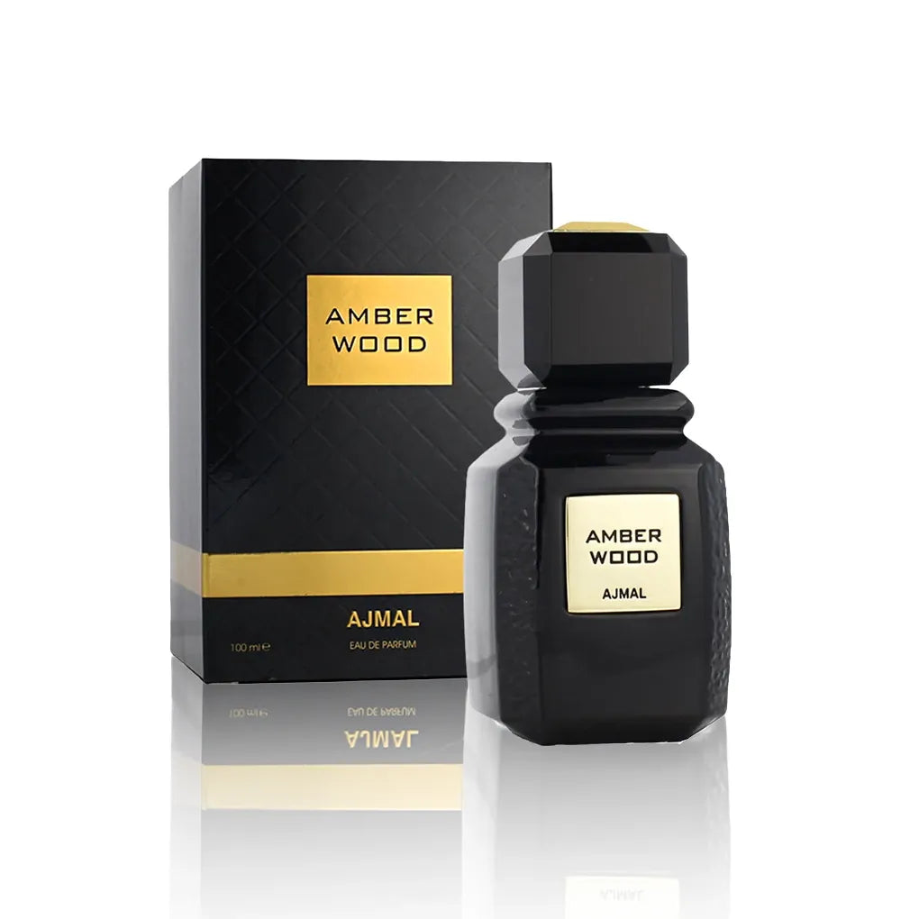 Ajmal Amber Wood Eau de Parfum 100 ml Flakon mit Verpackung freigestellt auf weißem Hintergrund