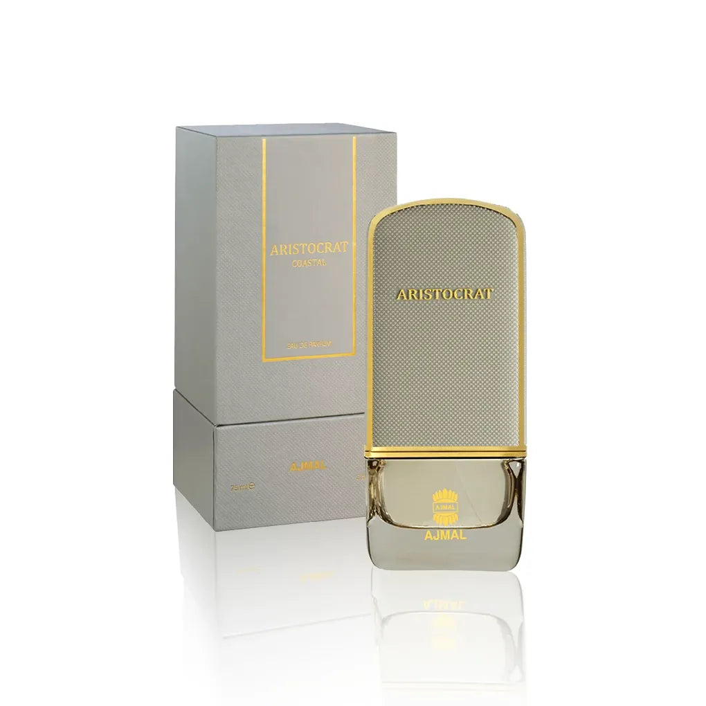 Alt-Text: Ajmal Aristocrat Coastal Eau de Parfum 75 ml mit Originalverpackung auf weißem Hintergrund.