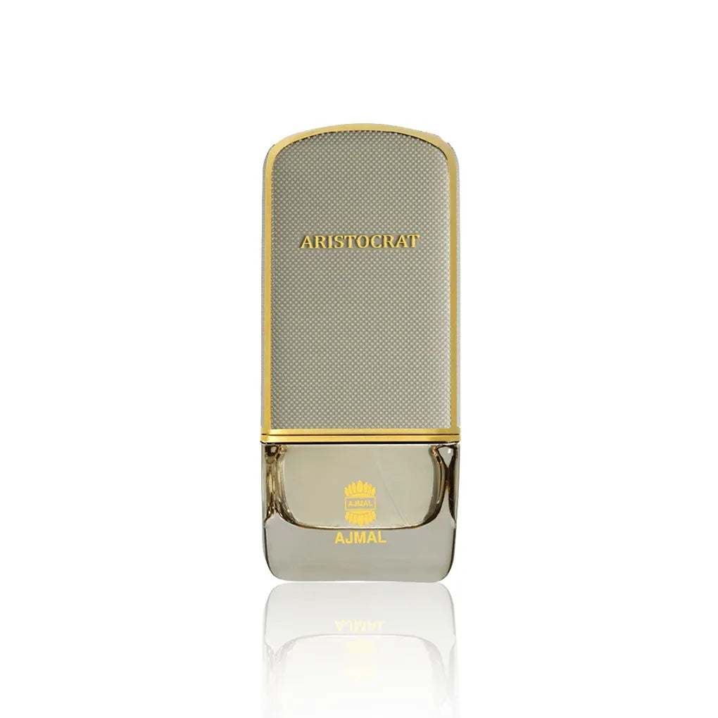 Ajmal Aristocrat Eau de Parfum 75 ml – eleganter Flakon in Gold und Grau auf weißem Hintergrund.