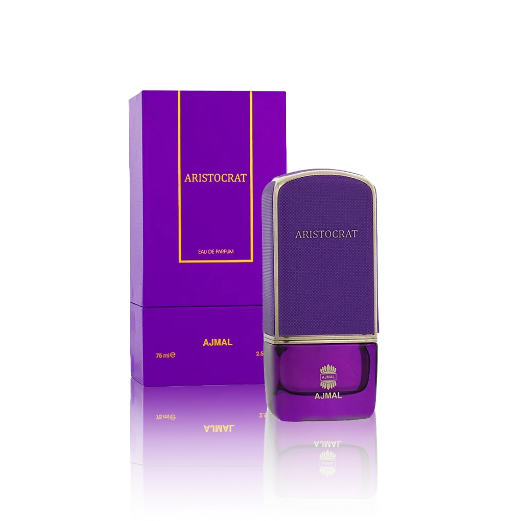 Ajmal Aristocrat Her Eau de Parfum 75 ml mit Originalverpackung auf transparentem Hintergrund.