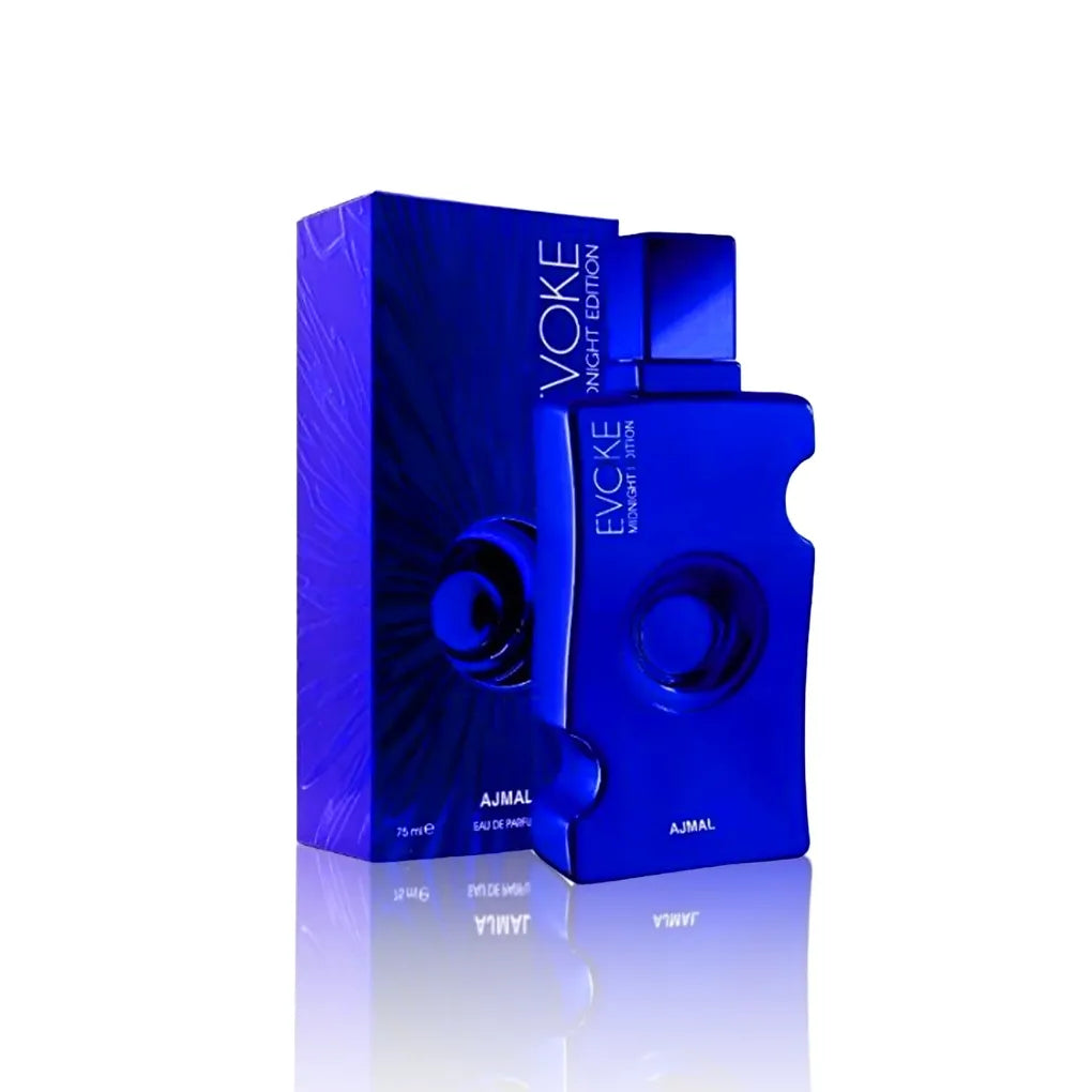 Ajmal Evoke Her Midnight Edition Eau de Parfum Flakon in Seitenansicht mit Originalverpackung auf weißem Hintergrund.