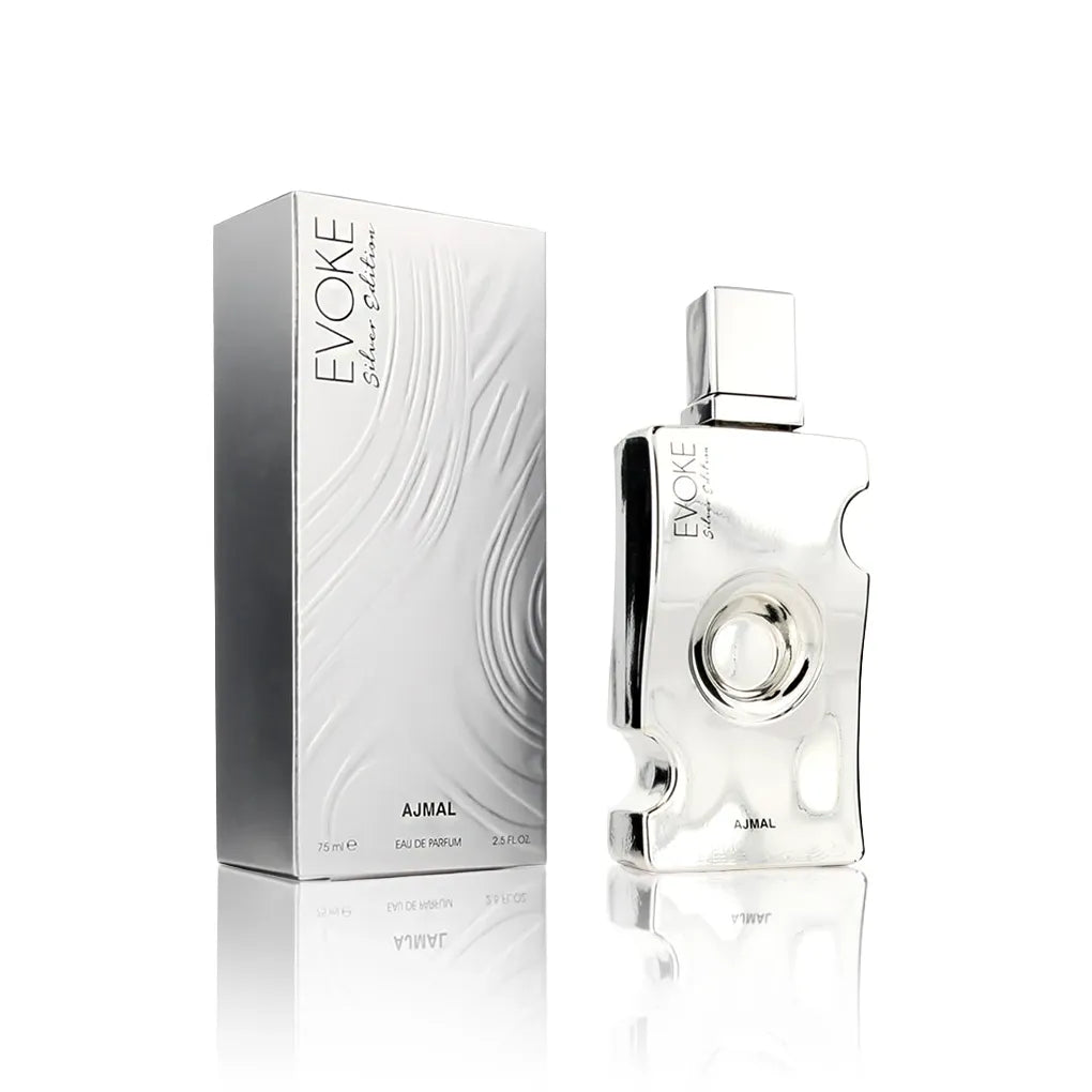 Ajmal Evoke Silver Her Eau de Parfum Flakon in Seitenansicht mit Originalverpackung auf weißem Hintergrund.