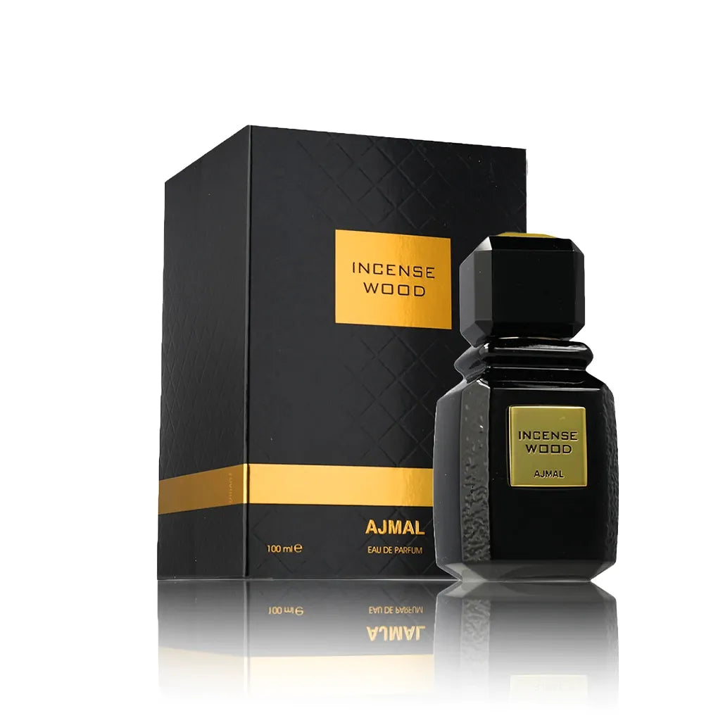 Ajmal Incense Wood Eau de Parfum Flakon mit Verpackung auf weißem Hintergrund.