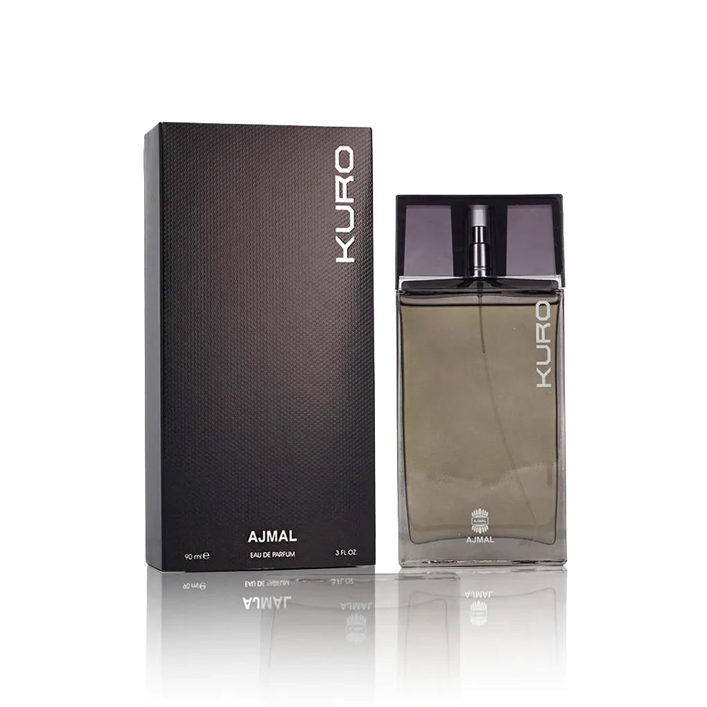 Ajmal Kuro Him Eau de Parfum 90 ml Flakon mit Verpackung auf weißem Hintergrund.