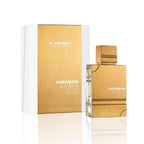 Al Haramain Amber Oud White Edition Eau de Parfum Flakon mit Verpackung Frontansicht auf weißem Hintergrund.
