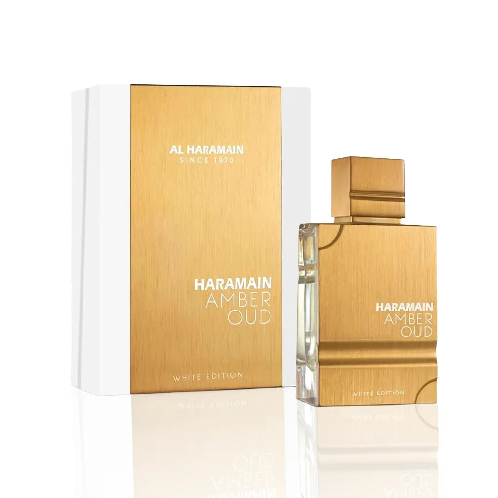 Al Haramain Amber Oud White Edition Eau de Parfum Flakon mit Verpackung Frontansicht auf weißem Hintergrund.
