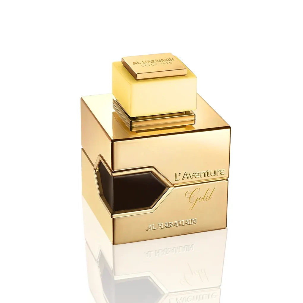 Al Haramain L’Aventure Gold Eau de Parfum Flakon Frontansicht auf weißem Hintergrund.