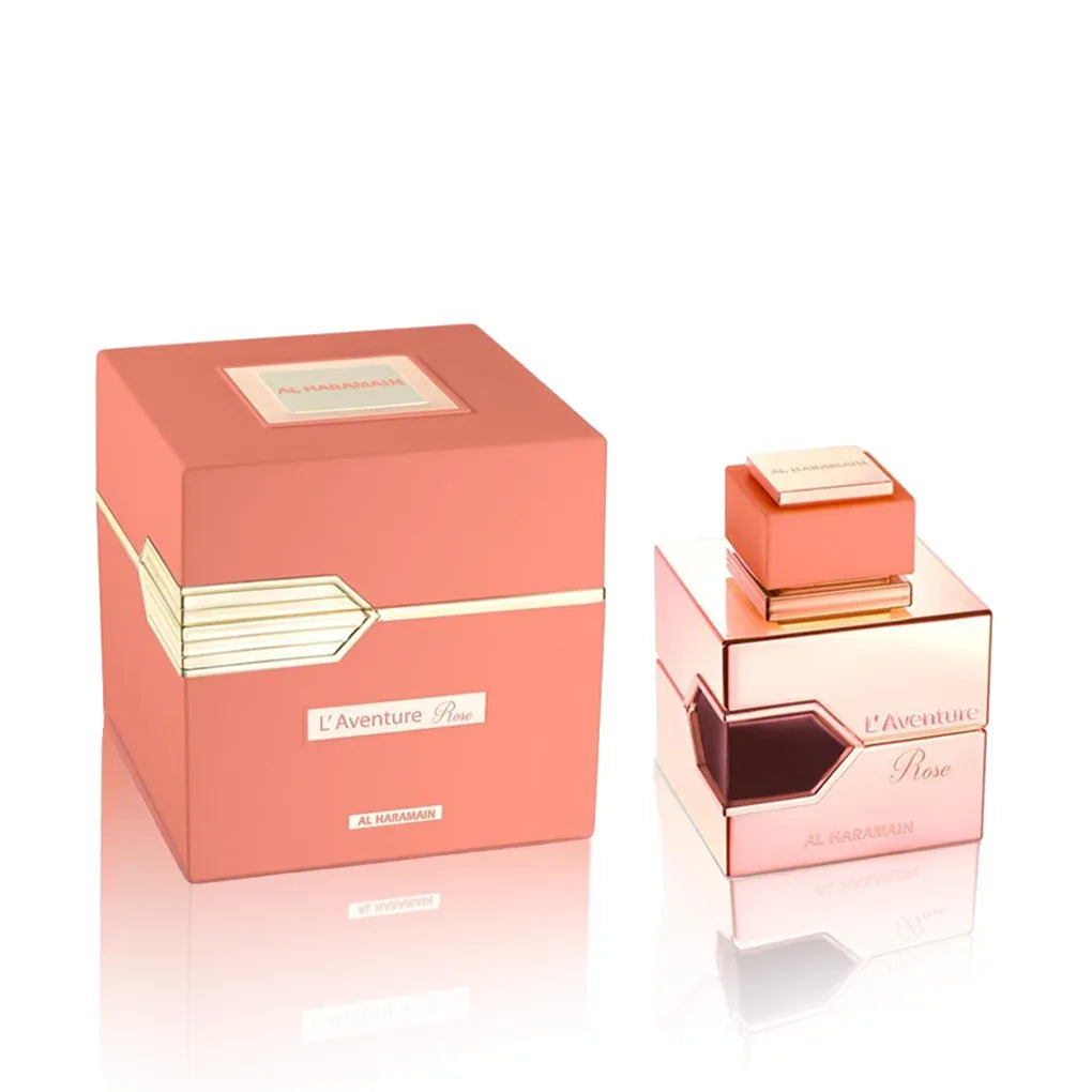 Al Haramain L’Aventure Rose Eau de Parfum Flakon mit Verpackung Frontansicht auf weißem Hintergrund.