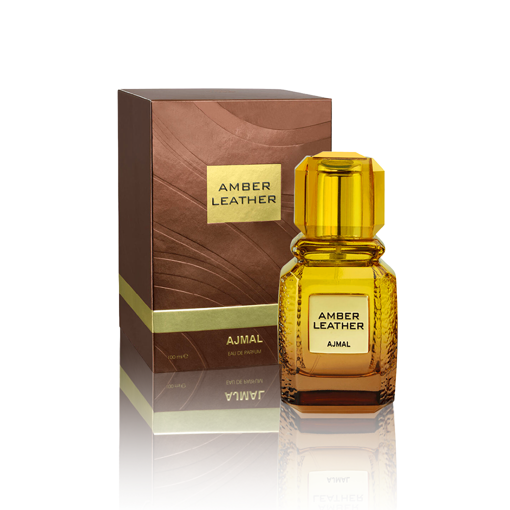 Ajmal Amber Leather Eau de Parfum 100 ml Flakon mit Verpackung freigestellt auf weißem Hintergrund