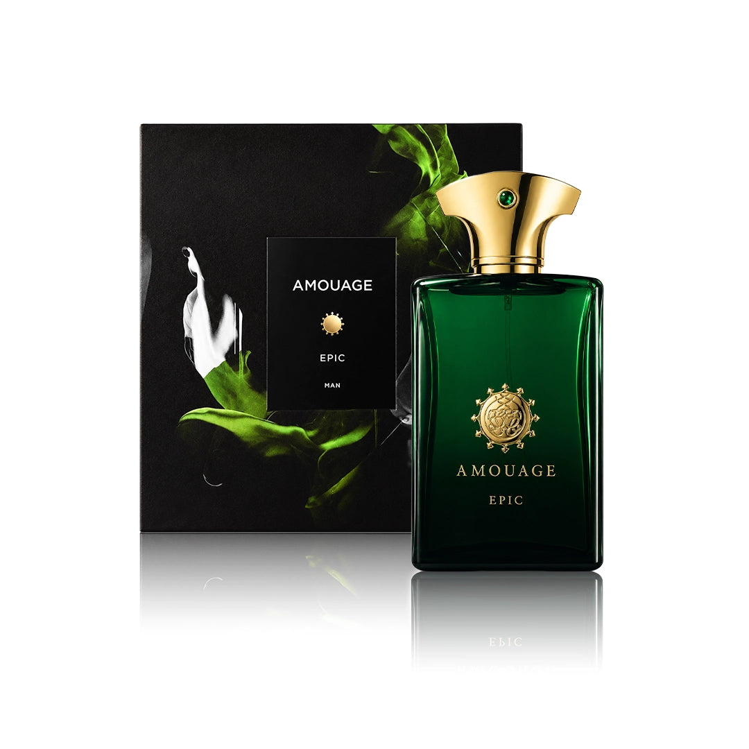 Amouage Epic Man Eau de Parfum 100 ml Flakon mit Originalverpackung auf weißem Hintergrund
