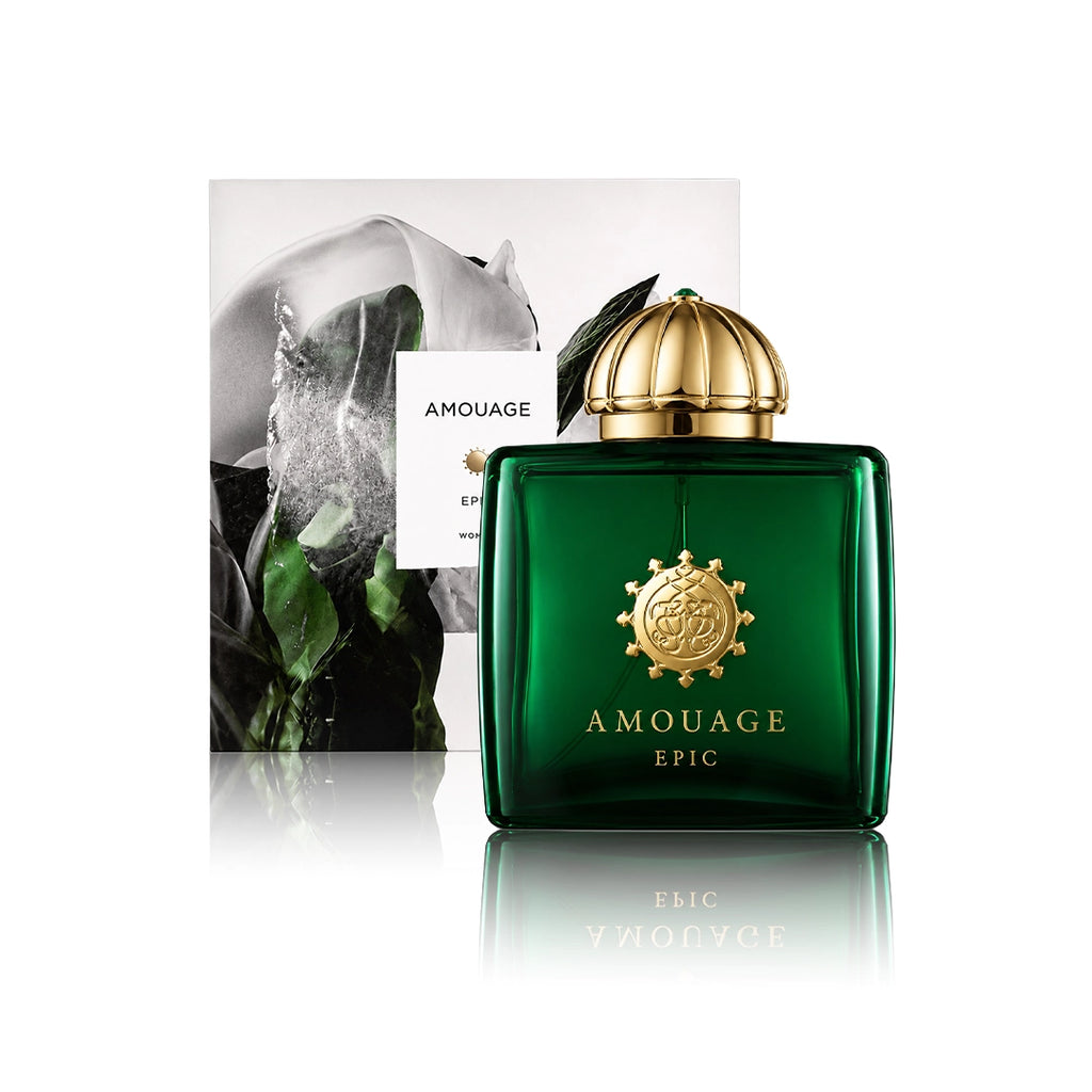 Amouage Epic Eau de Parfum 100 ml Flakon mit Originalverpackung auf weißem Hintergrund