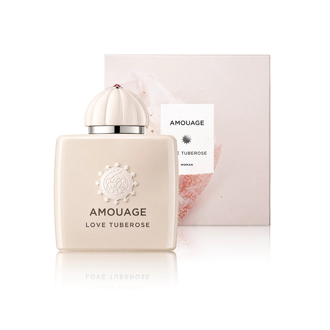 Amouage Love Tuberose Eau de Parfum 100 ml Flakon mit Originalverpackung auf weißem Hintergrund