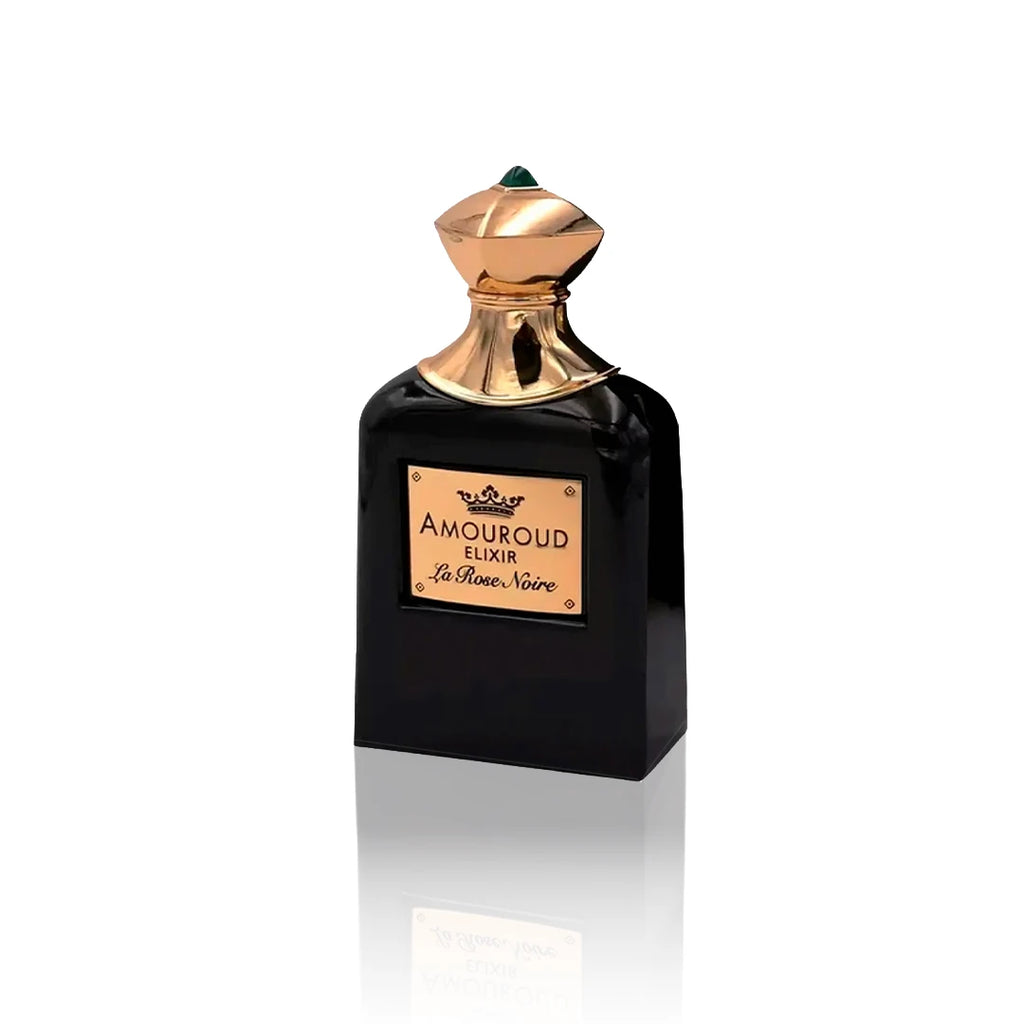 Amouroud Elixir La Rose Noire Extrait Flakon auf weißem Hintergrund.