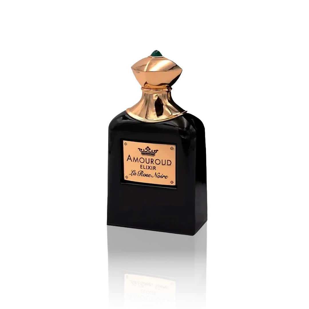 Amouroud Elixir La Rose Noire Extrait Flakon auf weißem Hintergrund.