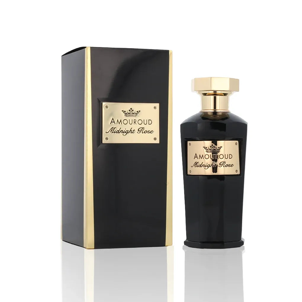 Amouroud Midnight Rose Eau de Parfum mit Verpackung auf weißem Hintergrund.