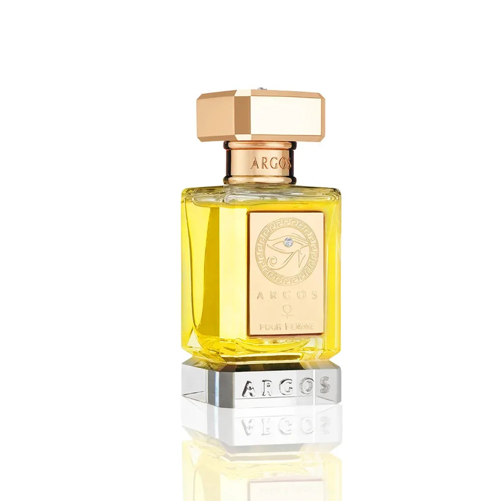 Argos Pour Femme Eau de Parfum Flakon auf weißem Hintergrund. mit Seitenansicht.