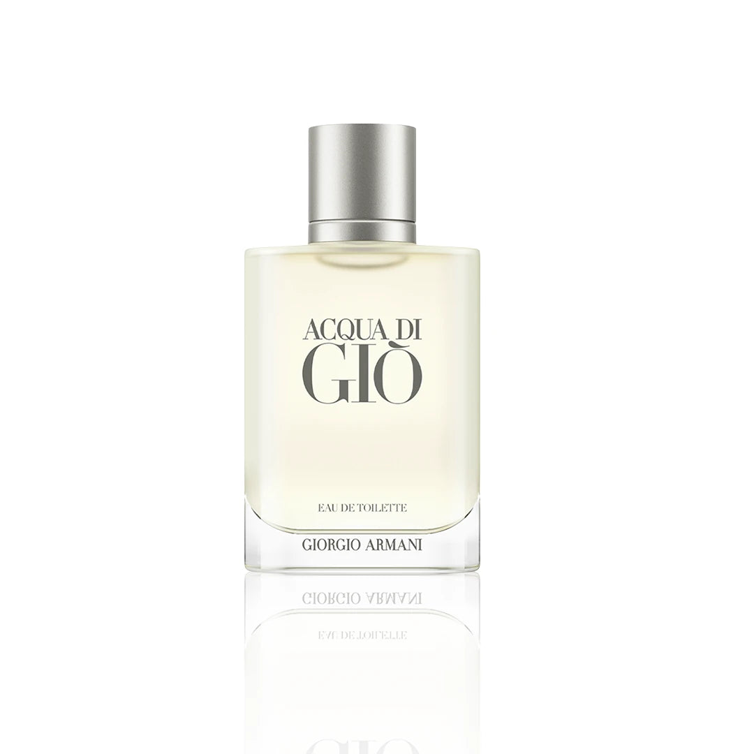 Armani Acqua di Giò Eau de Toilette 100 ml mit Verpackung auf weißem Hintergrund.