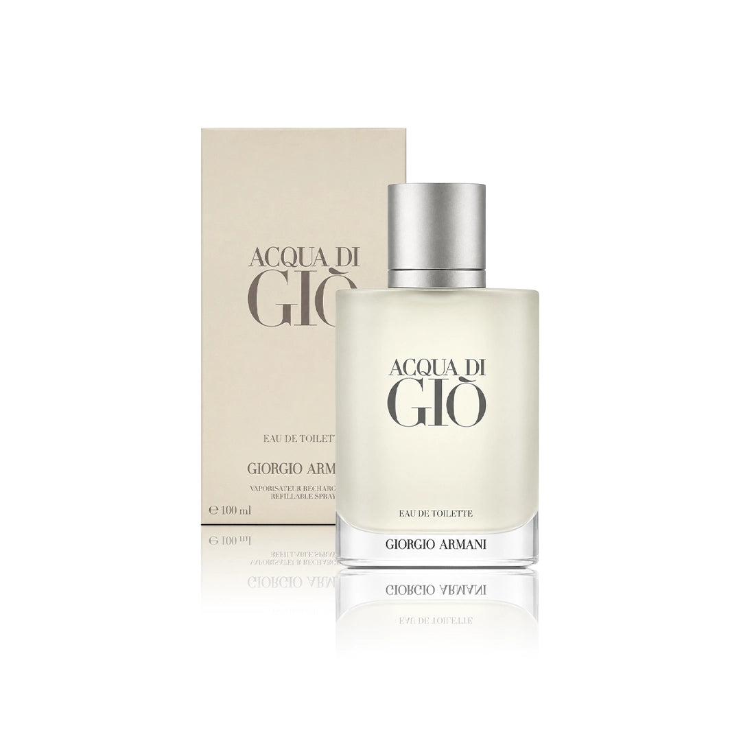 Armani Acqua di Giò Eau de Toilette 100 ml Flakon mit Originalverpackung auf weißem Hintergrund
