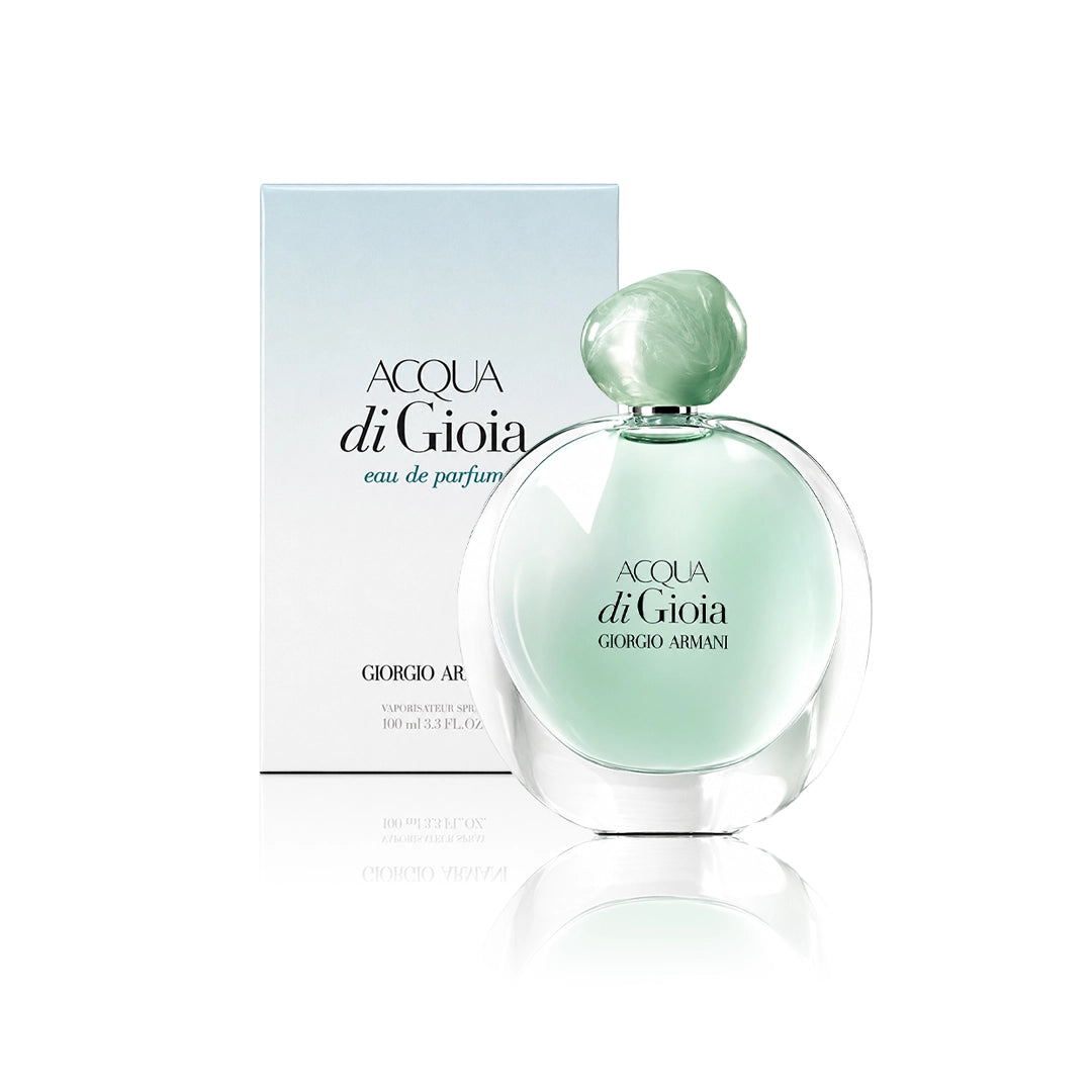 Armani Acqua di Gioia Eau de Parfum 100 ml Flakon mit Originalverpackung auf weißem Hintergrund