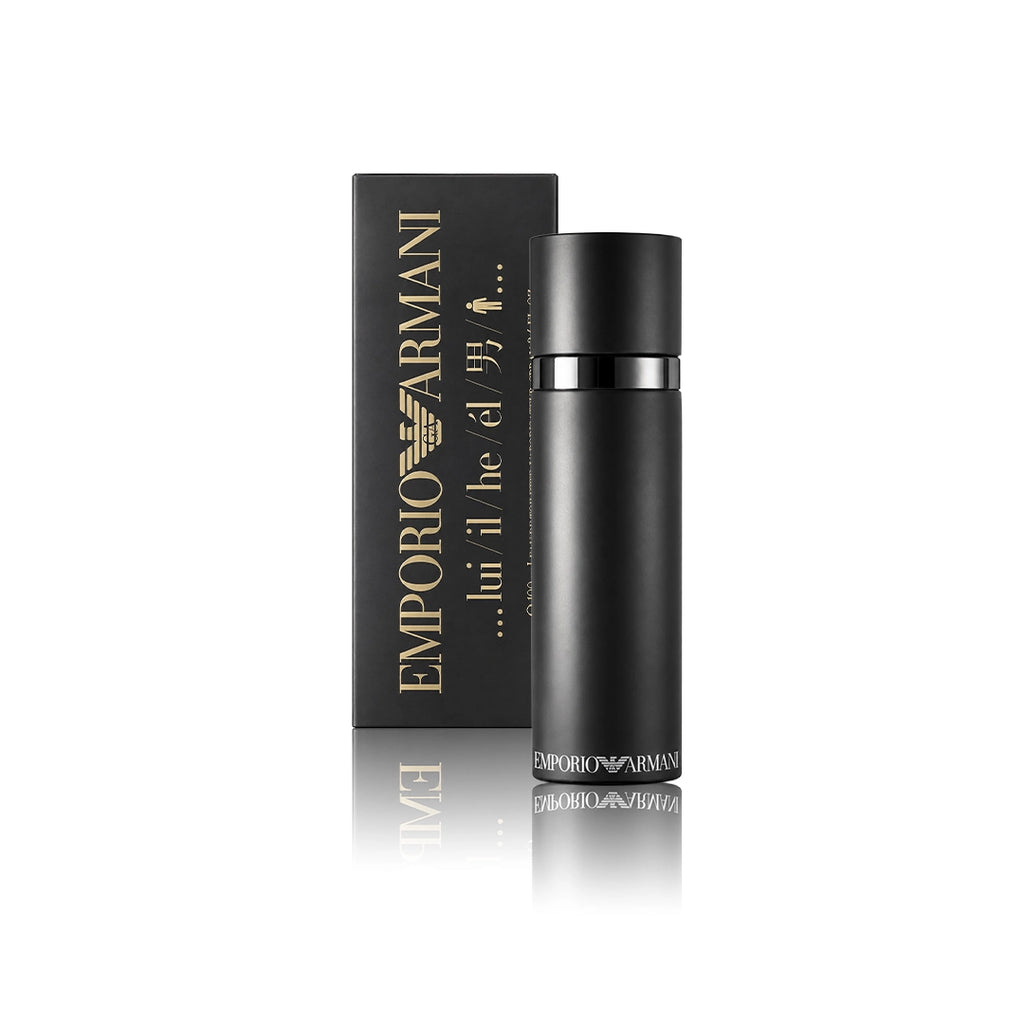 Armani He Eau de Toilette 100 ml Flakon mit Originalverpackung auf weißem Hintergrund