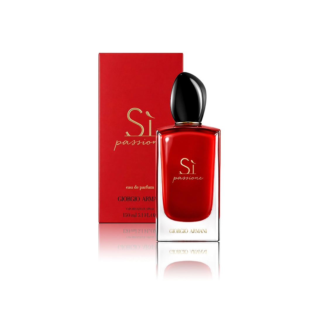 Armani Sì Passione Eau de Parfum 150 ml Flakon mit Originalverpackung auf weißem Hintergrund