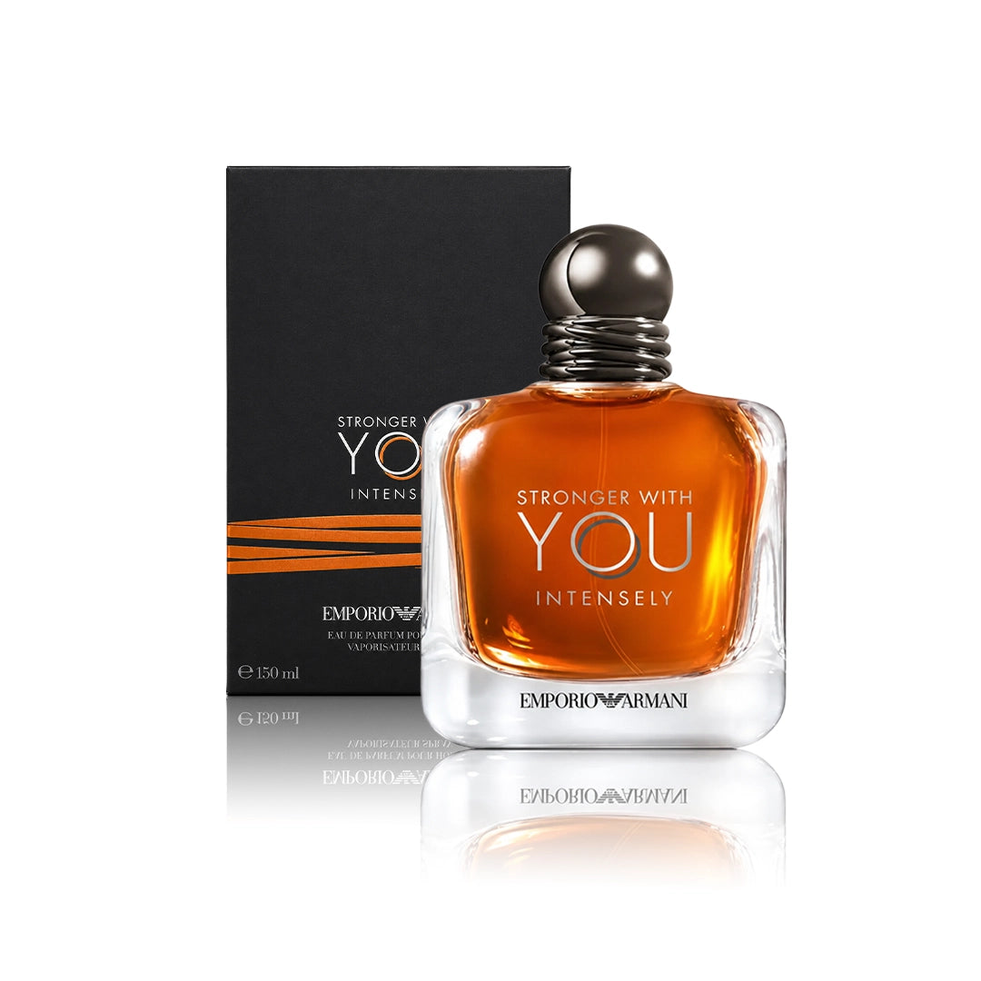 Armani Stronger With You Intensely Eau de Parfum 150 ml Flakon mit Originalverpackung auf weißem Hintergrund