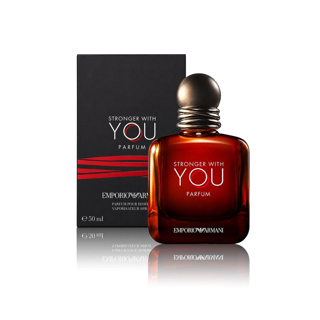 Armani Stronger With You Parfum 50 ml Flakon mit Originalverpackung auf weißem Hintergrund