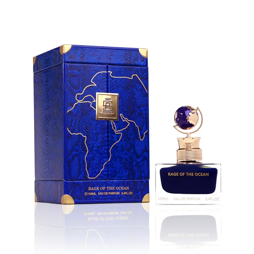 Aurora Scents Rage Of The Ocean Eau de Parfum 100 ml mit Verpackung auf weißem Hintergrund mit Seitenansicht.
