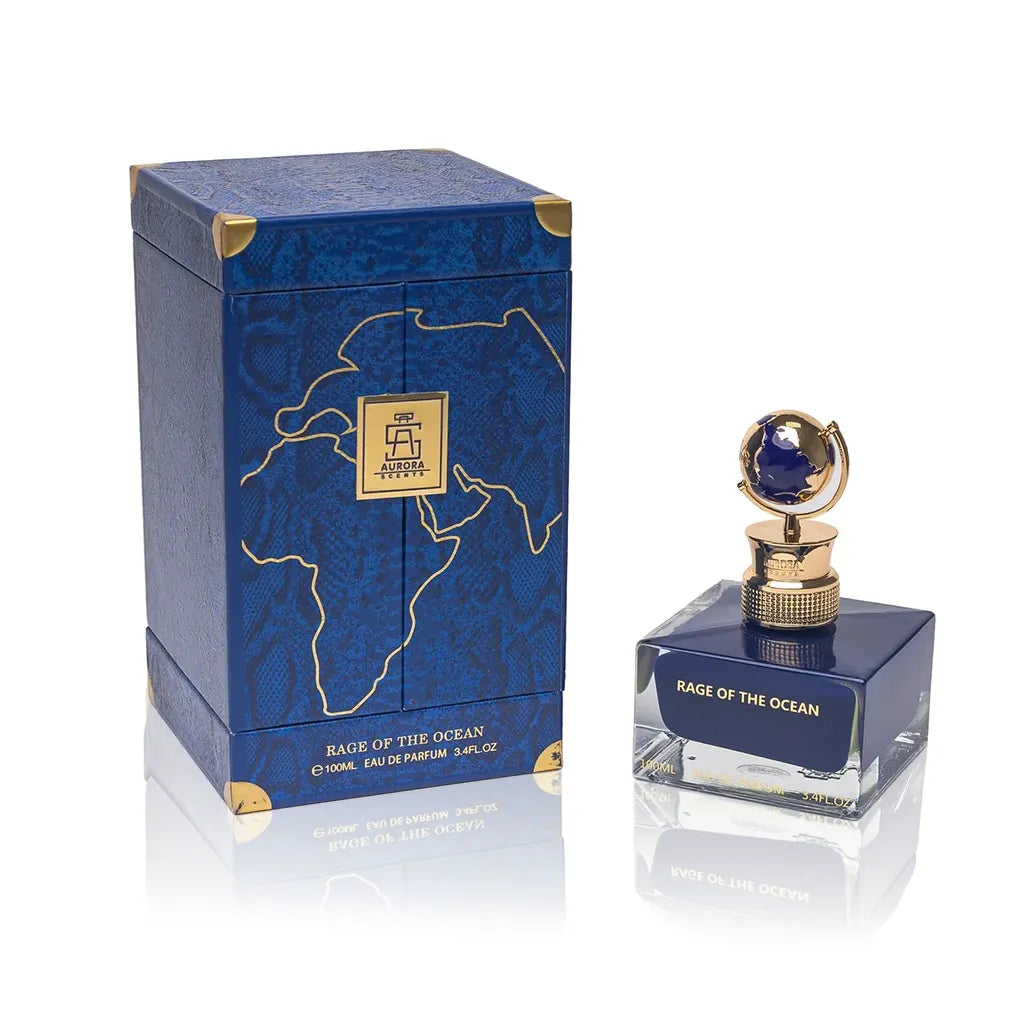 Aurora Scents Rage Of The Ocean Eau de Parfum 100 ml mit Verpackung auf weißem Hintergrund.