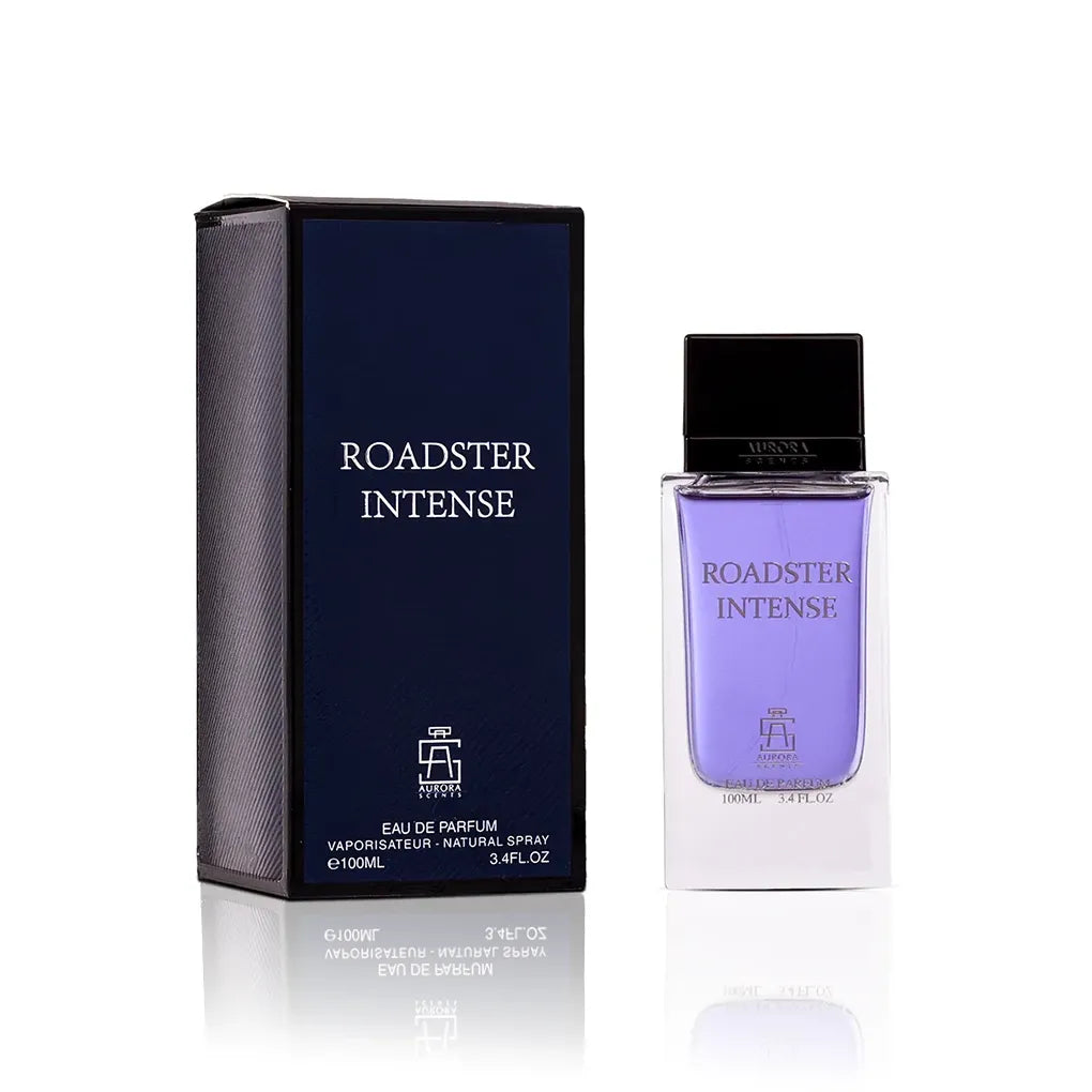 Aurora Scents Roadster Intense Eau de Parfum 100 ml mit Verpackung auf weißem Hintergrund.