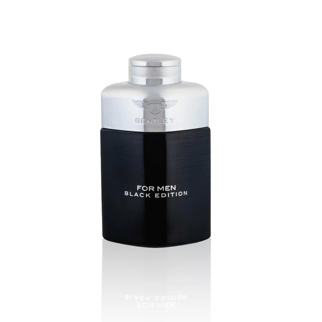 Bentley for Men Black Edition Eau de Parfum 100 ml Flakon auf weißem Hintergrund.