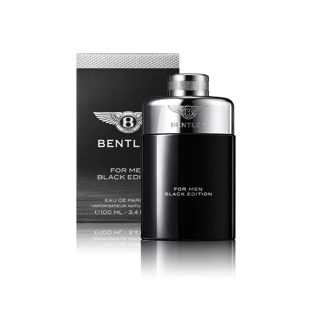 Bentley for Men Black Edition Eau de Parfum 100 ml Flakon mit Originalverpackung auf weißem Hintergrund