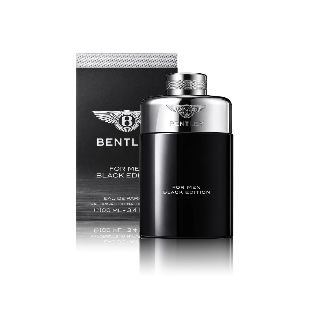 Bentley for Men Black Edition Eau de Parfum 100 ml Flakon mit Originalverpackung auf weißem Hintergrund