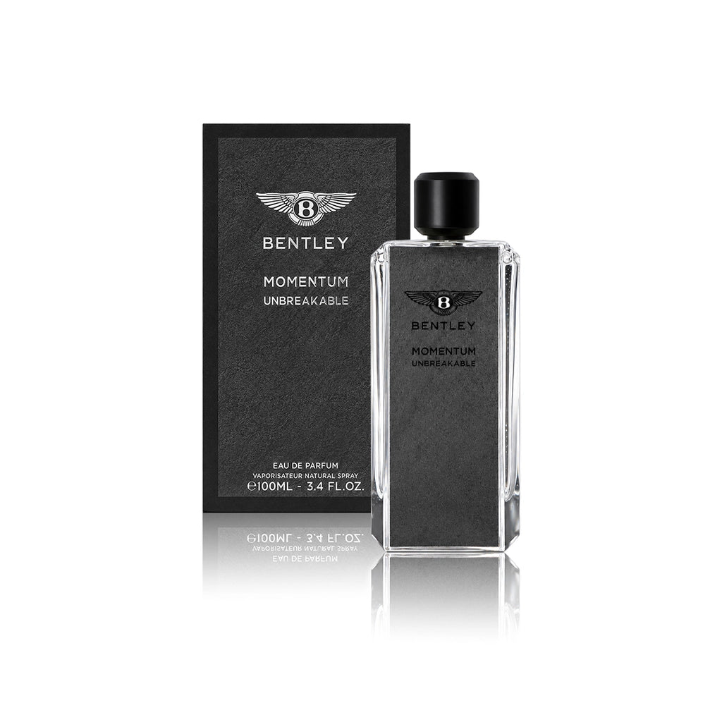 Bentley Momentum Unbreakable Eau de Parfum 100 ml Flakon mit Originalverpackung auf weißem Hintergrund