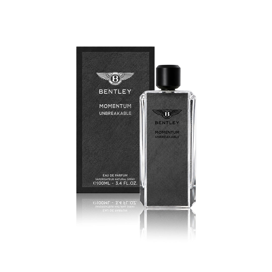 Bentley Momentum Unbreakable Eau de Parfum 100 ml Flakon mit Originalverpackung auf weißem Hintergrund