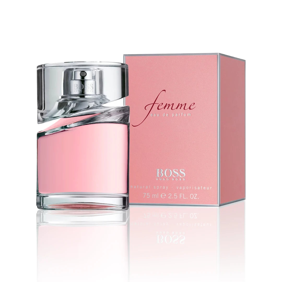 Hugo Boss Femme Eau de Parfum 75 ml Flakon mit Originalverpackung auf weißem Hintergrund