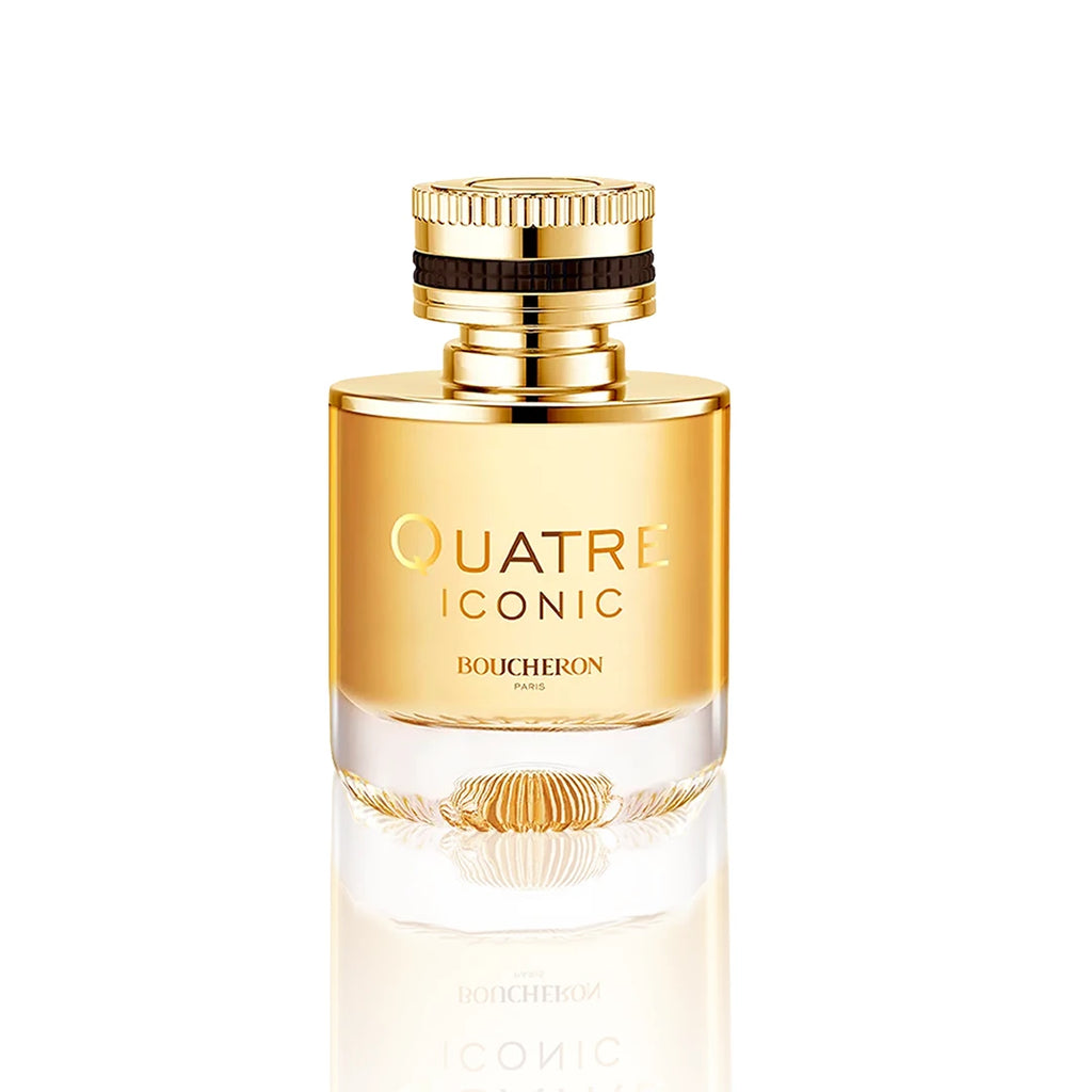 Boucheron Quatre Iconic Eau de Parfum 50 ml Flakon auf weißem Hintergrund.