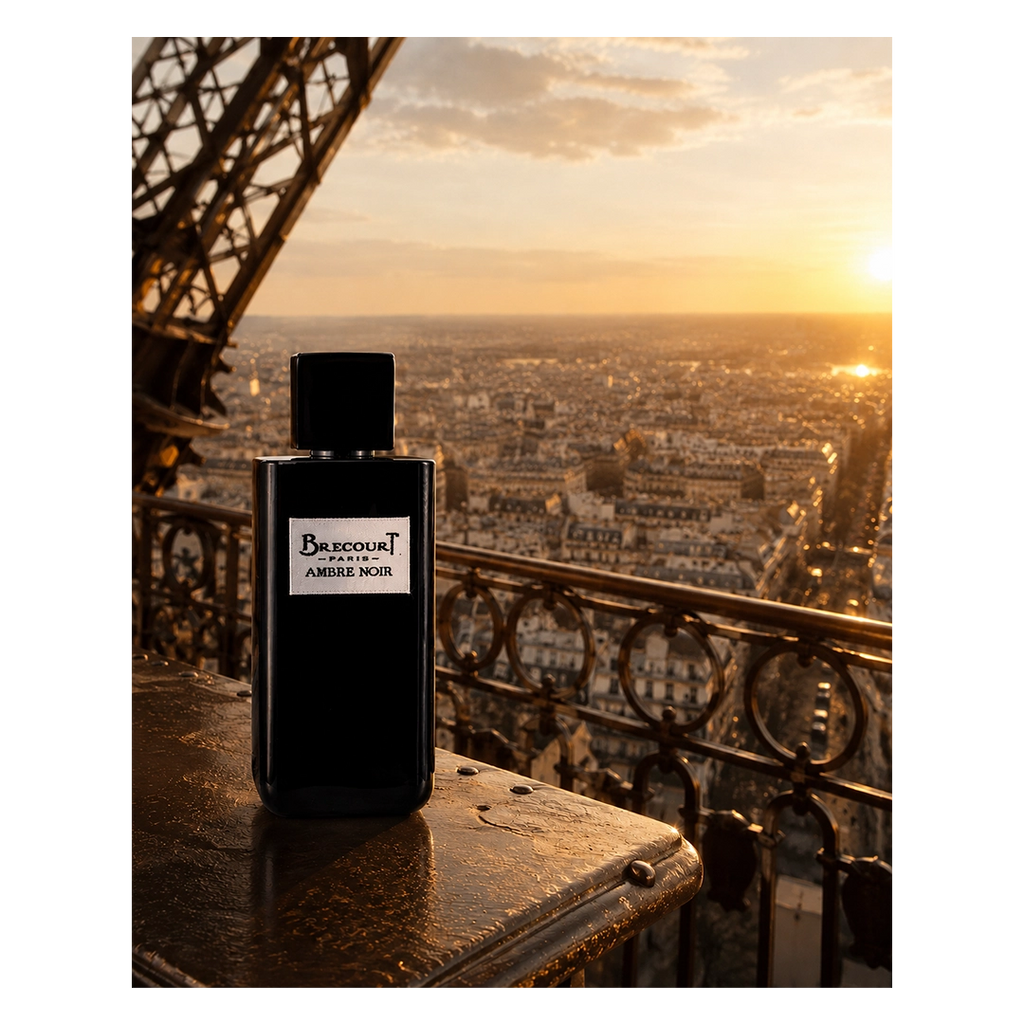 Brecourt Ambre Noir Eau de Parfum Flakon auf weißem Hintergrund.