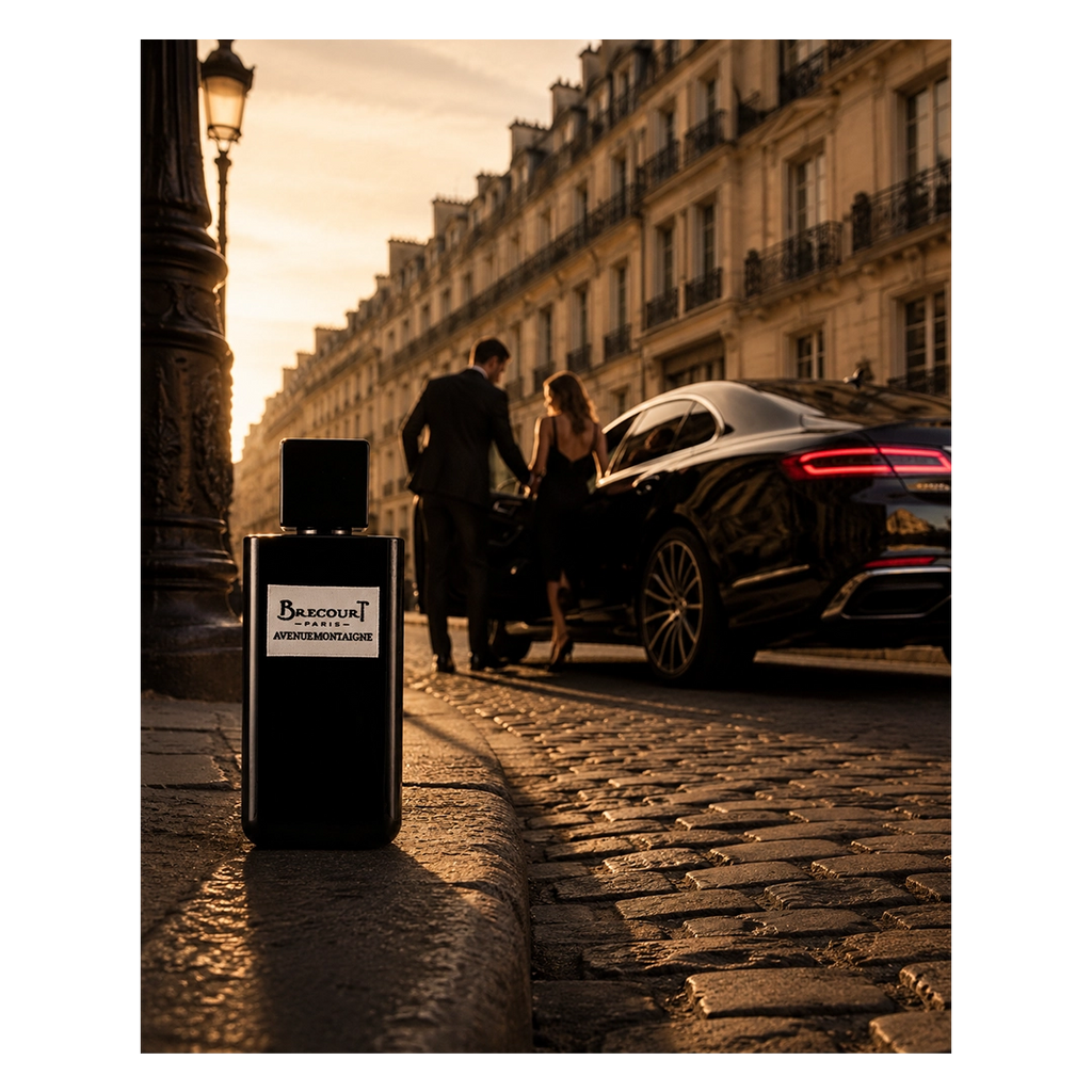 Brecourt Avenue Montaigne Eau de Parfum in einer luxuriösen Pariser Straßenszene mit eleganter Limousine bei Sonnenuntergang.