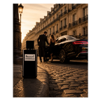 Brecourt Avenue Montaigne Eau de Parfum in einer luxuriösen Pariser Straßenszene mit eleganter Limousine bei Sonnenuntergang.