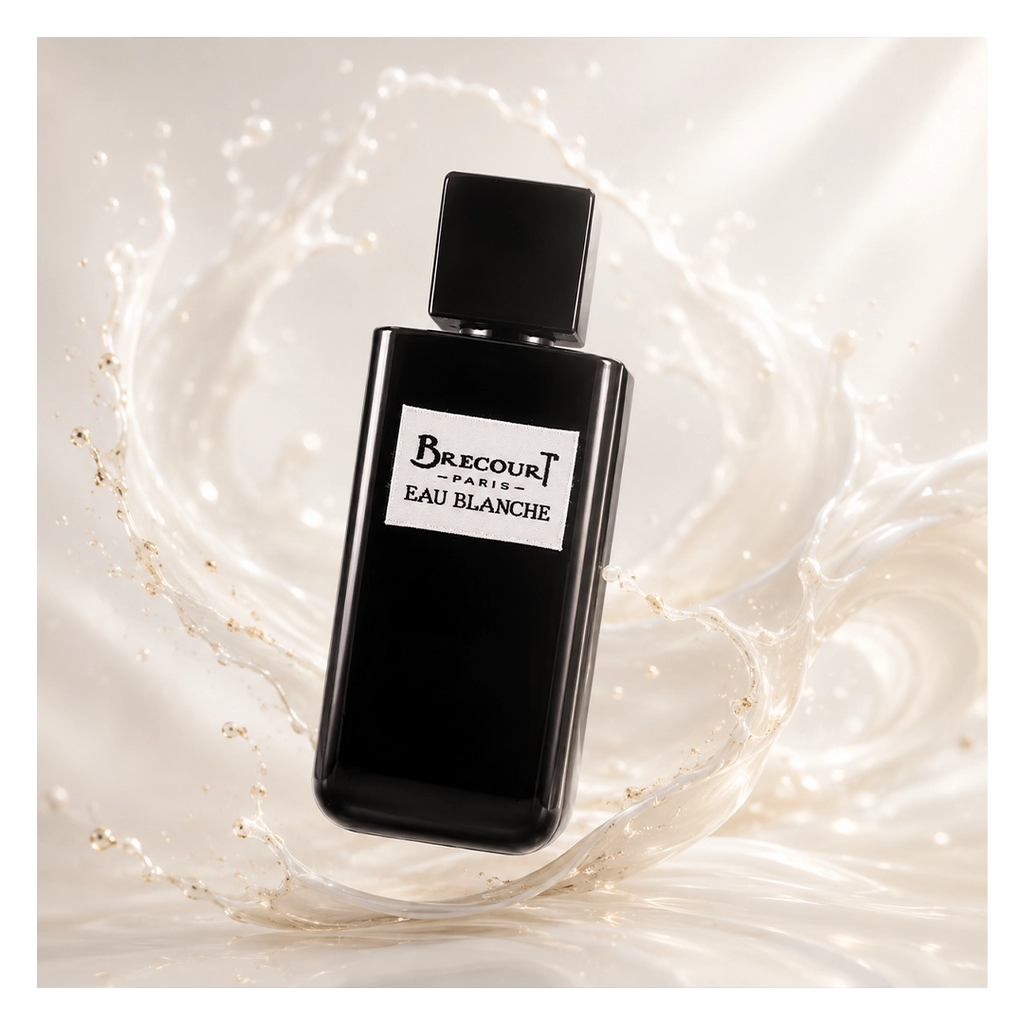 Brecourt Eau Blanche Eau de Parfum in einer eleganten, hellen Lifestyle-Szene mit fließenden weißen Akzenten.