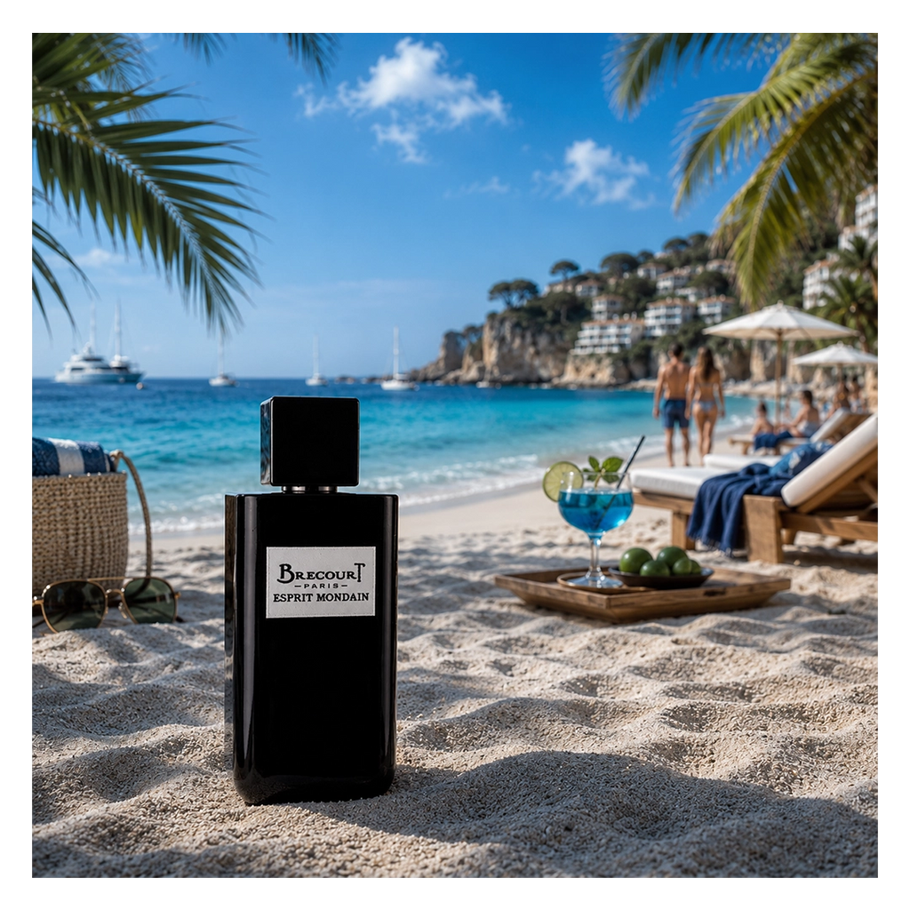 Brecourt Esprit Mondain Eau de Parfum in einer luxuriösen Strandkulisse mit türkisblauem Meer, Palmen und mediterranem Ambiente.
