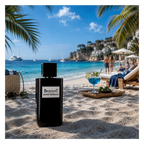 Brecourt Esprit Mondain Eau de Parfum in einer luxuriösen Strandkulisse mit türkisblauem Meer, Palmen und mediterranem Ambiente.