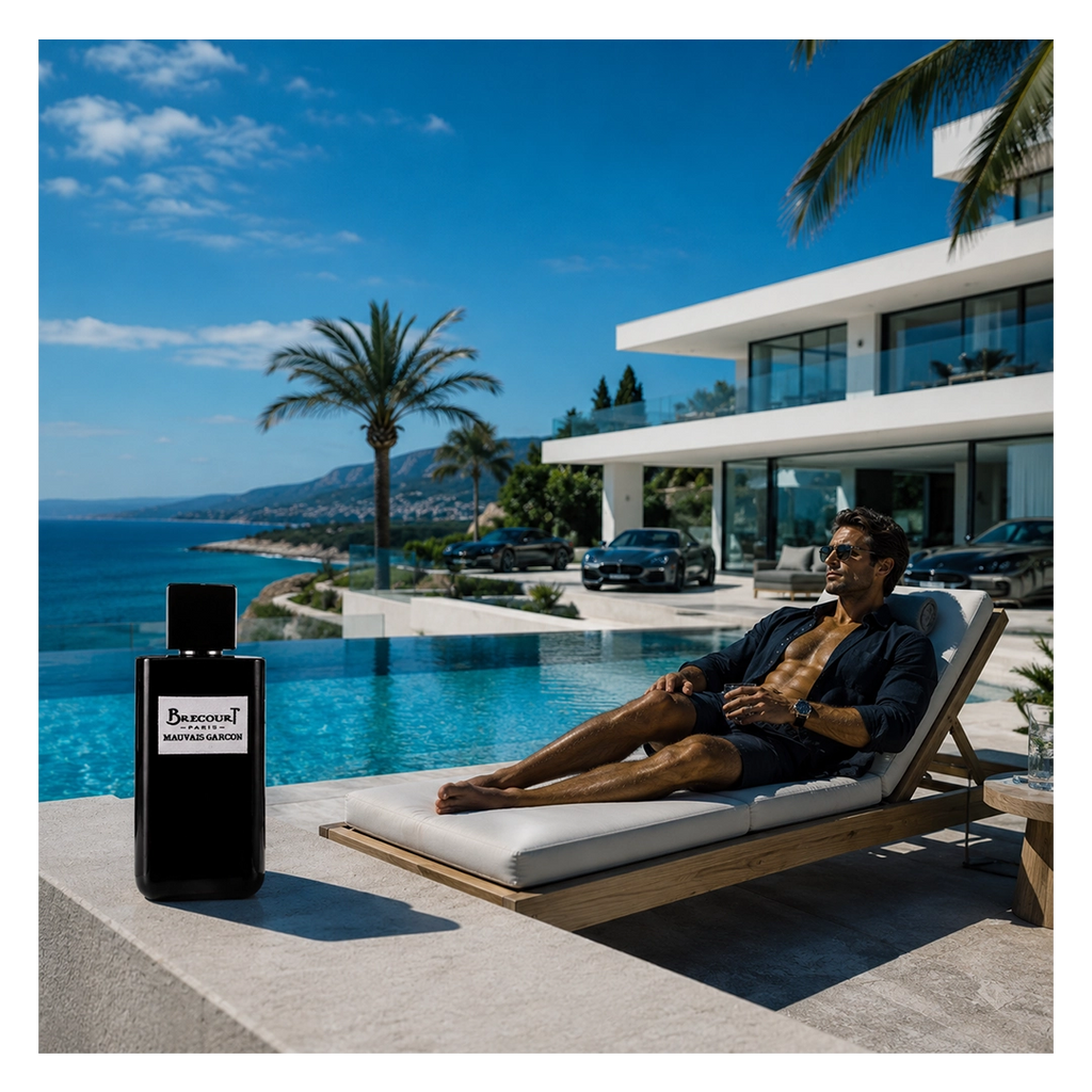 Brecourt Mauvais Garçon Eau de Parfum in einer luxuriösen Poolvilla mit Meerblick und exklusivem Sommerambiente.