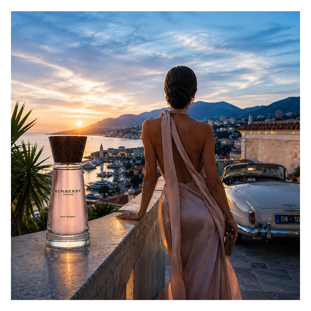 Burberry Touch Eau de Parfum for Women in einer luxuriösen Lifestyle-Szene mit Sonnenuntergang, eleganter Frau und mediterraner Küstenkulisse.