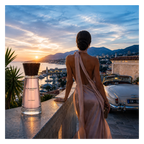 Burberry Touch Eau de Parfum for Women in einer luxuriösen Lifestyle-Szene mit Sonnenuntergang, eleganter Frau und mediterraner Küstenkulisse.