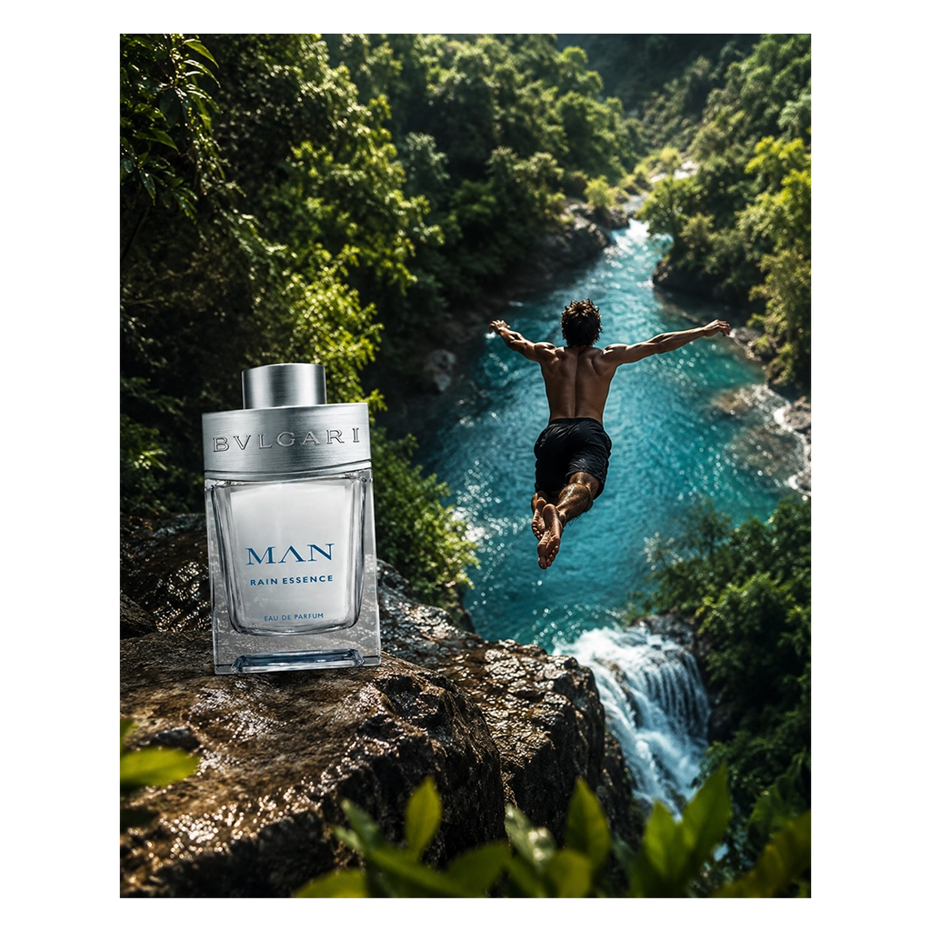 Bvlgari Man Rain Essence Eau de Parfum in einer abenteuerlichen Naturkulisse mit Mann beim Sprung in einen türkisblauen Fluss und Wasserfall.