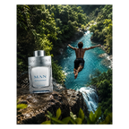 Bvlgari Man Rain Essence Eau de Parfum in einer abenteuerlichen Naturkulisse mit Mann beim Sprung in einen türkisblauen Fluss und Wasserfall.
